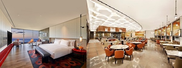 제주 드림타워 복합리조트 내 '그랜드 하얏트 제주' 객실(왼쪽)과 '그랜드 키친' 내부 모습.