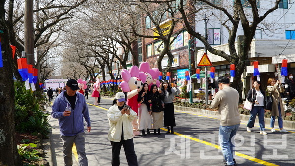 제17회 전농로 왕벚꽃 축제가 개막한 22일 방문객들이 벚꽃 없는 벚꽃길에서 축제를 만끽하고 있다. 고기욱 기자