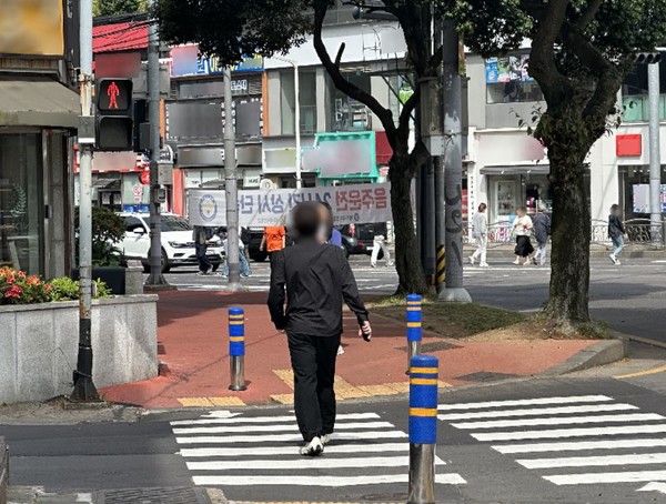22일 오전 유동인구와 차량 통행량이 많은 제주시 연동 한 사거리 횡단보도에서 보행자가 무단횡단을 하고 있다.