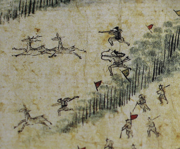 조총병이 말에서 떨어져 조총을 손에 들고 말을 쫓고 있다. 탐라순력도 교래대렵 부분. 육군박물관 제공