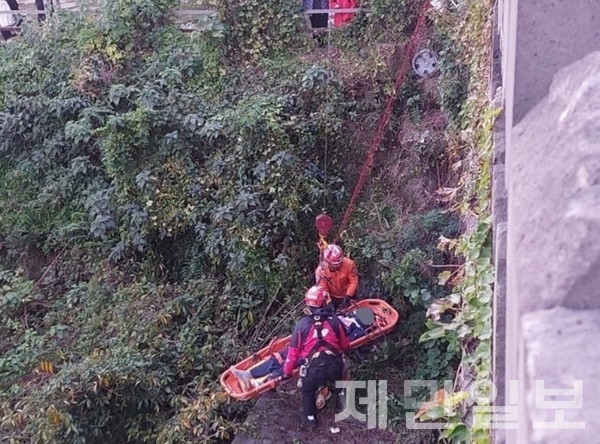 다리 아래로 추락한 60대 남성이 119에 의해 구조되고 있다.[사진-제주소방본부]