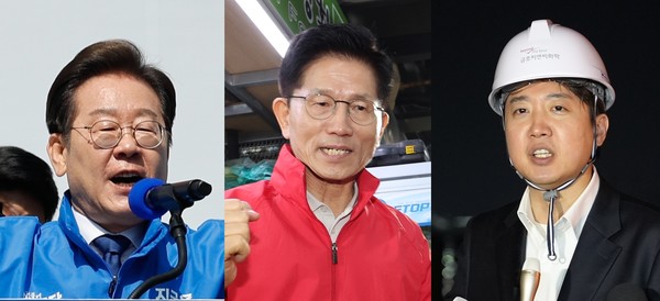 공식 선거운동에 나선 더불어민주당 이재명 대선 후보와 국민의힘 김문수 후보, 개혁신당 이준석 후보 (왼쪽부터 기호 순)