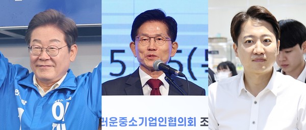 15일 전남 광양서 유세하는 더불어민주당 이재명 후보, 중소기업협의회 조찬 강연서 인사말을 하는 국민의힘 김문수 후보, 서울교육대학교를 방문한 개혁신당 이준석 후보. (사진 왼쪽부터. 기호순)