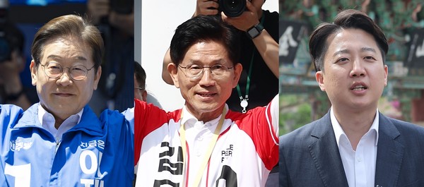 더불어민주당 이재명 후보, 국민의힘 김문수 후보, 개혁신당 이준석 후보. (사진 왼쪽부터. 기호순)