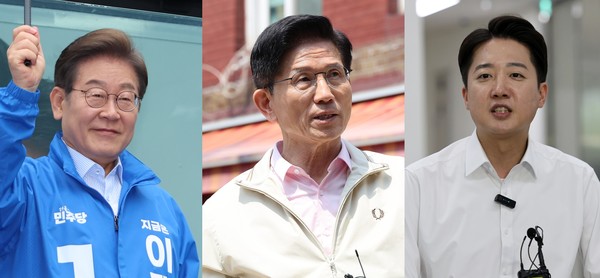 더불어민주당 이재명 후보, 국민의힘 김문수 후보, 개혁신당 이준석 후보 (사진 왼쪽부터, 기호순)