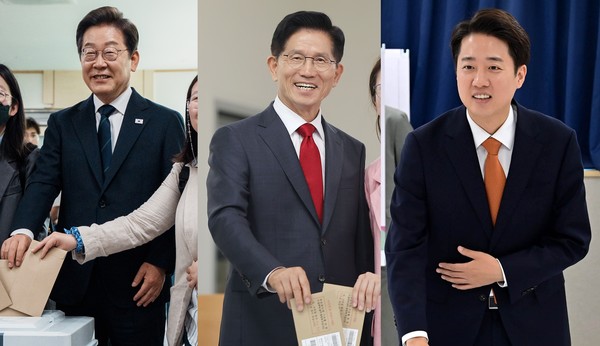 29일 제21대 대통령선거 사전투표를 하고 있는 더불어민주당 이재명 후보, 국민의힘 김문수 후보, 개혁신당 이준석 후보. (사진 왼쪽부터. 기호순)