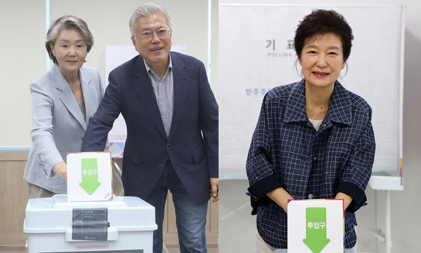 제21대 대통령선거 사전투표를 하고 있는 문재인 전 대통령 부부와 박근혜 전 대통령.