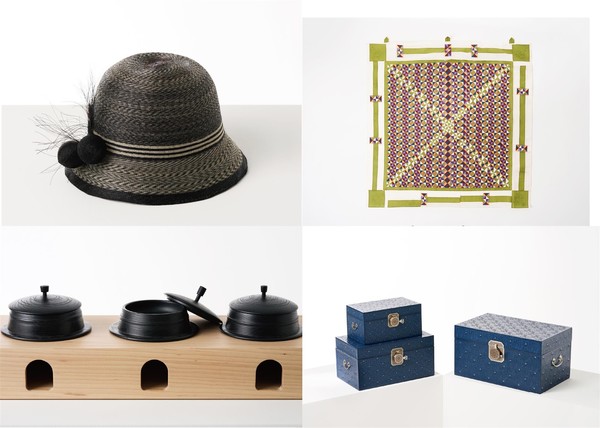 시계방향 순서로 왼쪽 위부터 기타분야 '예담(藝談)-전통을 품은 모자', 섬유분야 '한라산의 가을과 길', 종이분야 '동백함(예단함)', 목칠분야 '제주의삼(삶)'