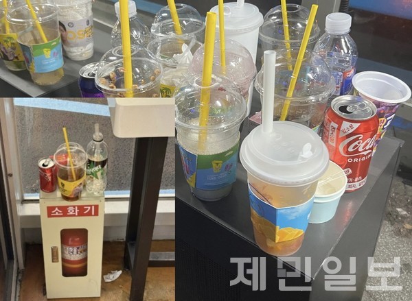 도내 섬식정류장 내부에 쓰레기들이 무분별하게 버려지면서 시민들의 눈살을 찌푸리게 하고 있다.전예린 기자 