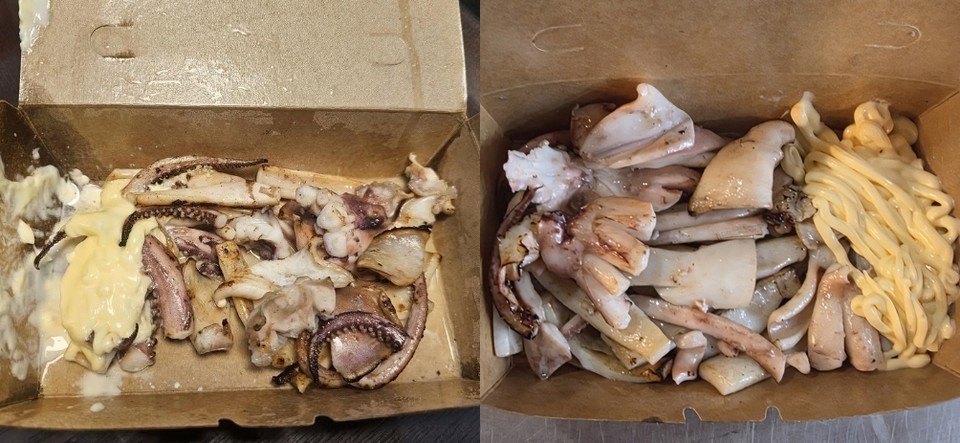 온라인 커뮤니티에 게시되며 논란이 된 철판오징어 사진(왼쪽)과 매일올레시장 상인회가 제공한 철판오징어 상품 사진(오른쪽).