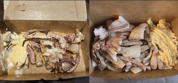 국내 유명 온라인 커뮤니티에 게시된 허위 철판오징어(사진 왼쪽)과 정상적인 철판오징어(사진 오른쪽)